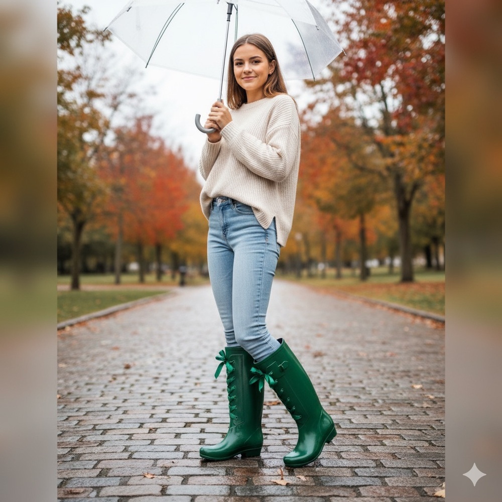 Women's Green Lace-Up Rain Boots - Stylish Winter Waterproof Boot